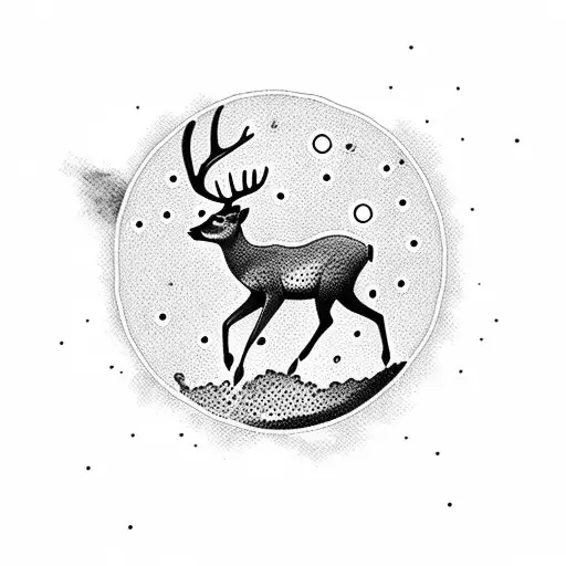 A Dotwork Tattoo Of A Deer Leaping Over The Moon