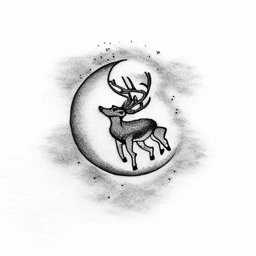 A Dotwork Tattoo Of A Deer Leaping Over The Moon