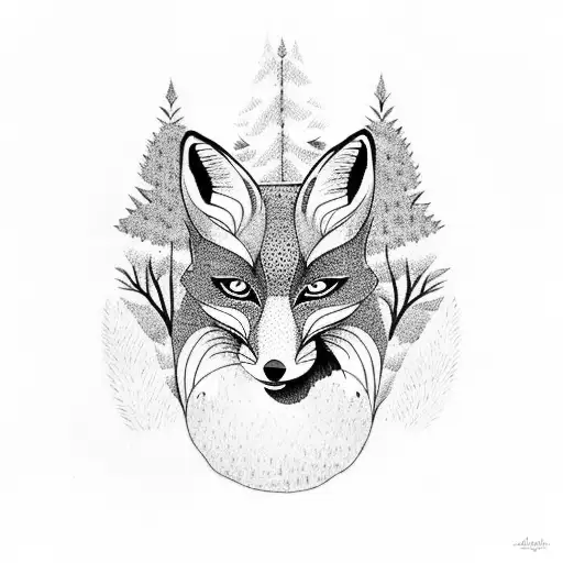 A Dotwork Tattoo Of A Fox Curled Up In A Cozy Den Surrounded By Pine Trees