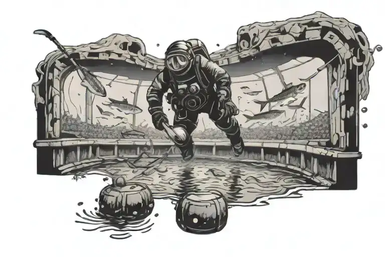 A Diver Exploring A Sunken Hockey Arena With Fish Swimming Around The Seats