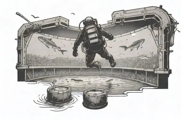 A Diver Exploring A Sunken Hockey Arena With Fish Swimming Around The Seats