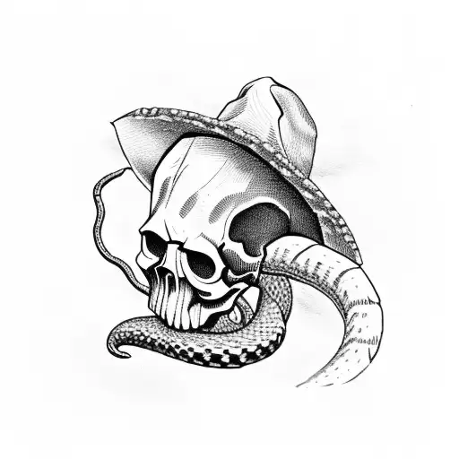A Skull Wearing A Cowboy Hate With A Rattlesnake Coming Out Of The Eye Socket