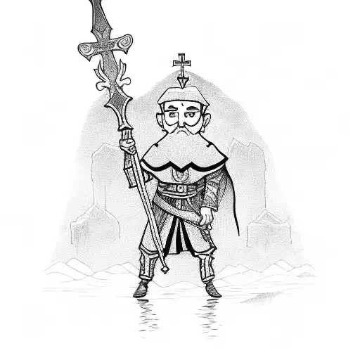 A Priest With A Staff And A Sword