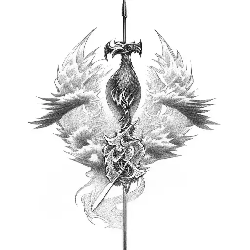 Phoenix With A Sword And A Castle