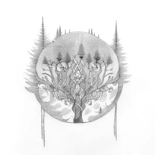 A Dotwork Tattoo Of A Mystical Forest With Musical Instruments Hidden Among The Trees
