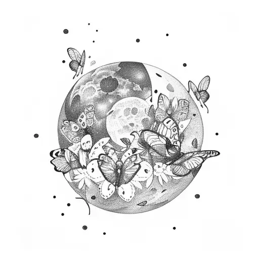 Moon With Butterflies And Flower