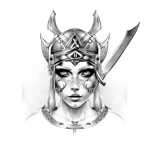 Beautiful Viking Warrior Woman With Piercing Blue Eyes War Paint On Face Holding A Sword