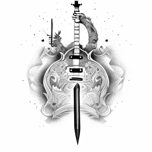 Guitar With A Dagger As The Handle And Rifle Crossed Behind