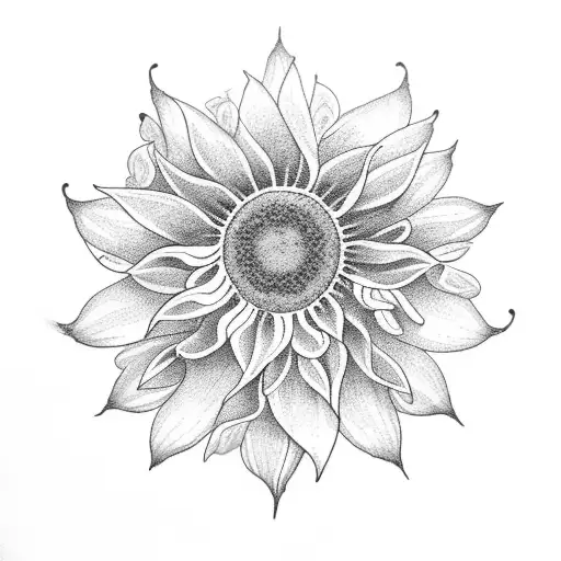 A Dotwork Tattoo Of A Vintage Camera Surrounded By Delicate Sunflower Petals