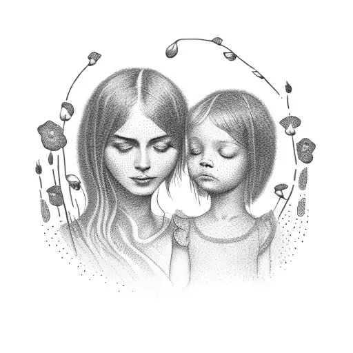 A Dotwork Tattoo Of A Mother And Child Walking Hand In Hand Through A Garden Of Poppies