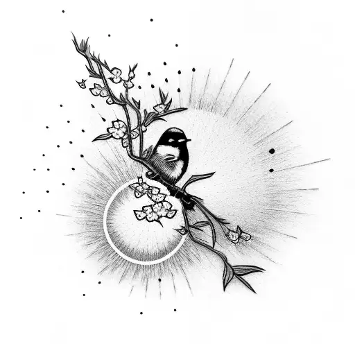 Cherry Blossom Bird And Sun