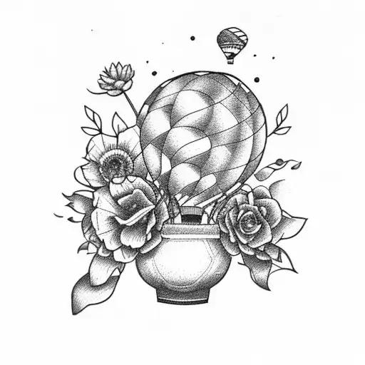 Hot Air Balloon Carrying Flower Vase Full Of Flowers With A Vintage Travel Theme