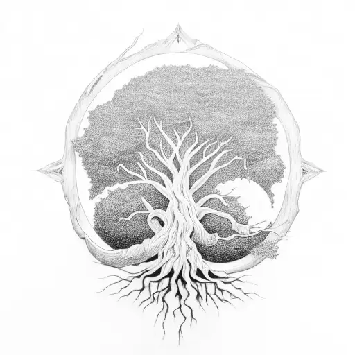 Tree Of Life With Big Roots And Moon