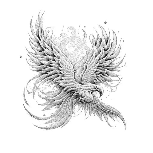 An Intricate Dotwork Design Featuring A Phoenix Surrounded By Various Types Of Flowers