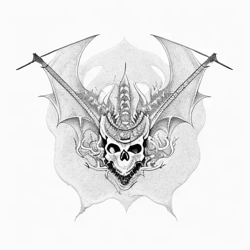 Dragon With Samurai Skull And Katana In Red Colors