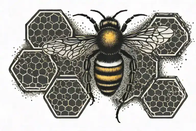 Bee And Hexagons Black Linework
