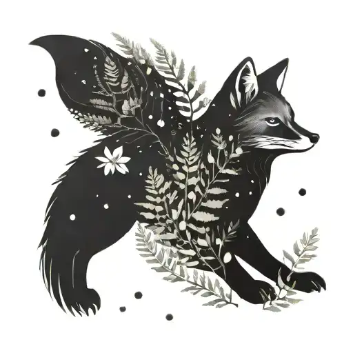 A Cosmic Scene With A Fox Constellation Intertwined With Delicate Fern Leaves And Blooming Flowers