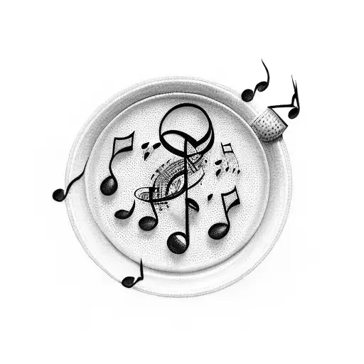 A Dotwork Tattoo Of A Coffee Cup Surrounded By Musical Notes While Hiking In Asia