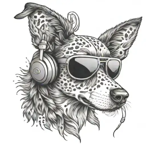 Create A Dotwork Tattoo Of A Stylized Dog Wearing Headphones And Sunglasses