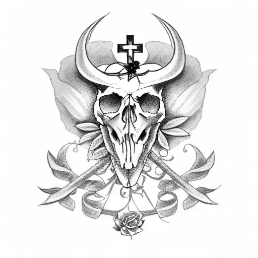 Ox Skull With Lilly Wreath Around It And A Cross Behind It All