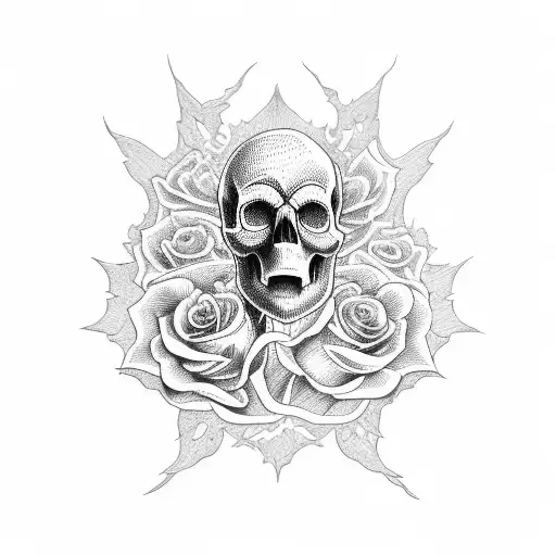 Skull With Roses And Flames