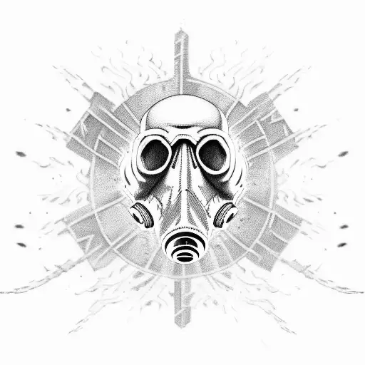 A Skull Wearing A Military Gas Mask With Flames Erupting From Its Eyes