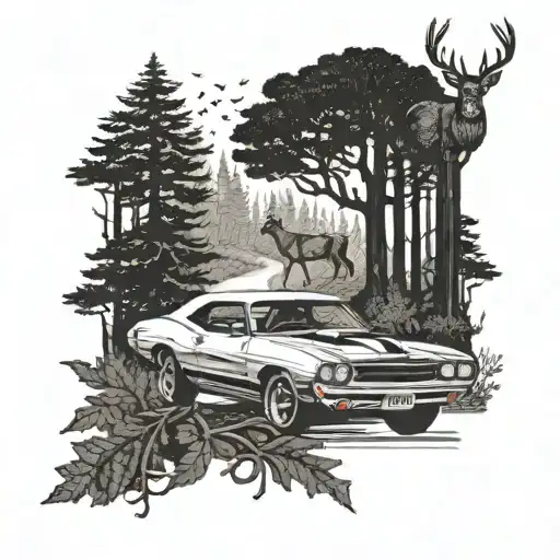 A Muscle Car Racing Through A Forest With Deer Running Alongside