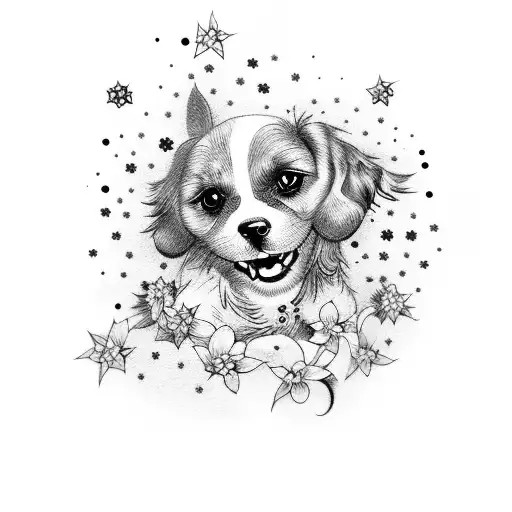 A Dog Sitting Under A Blossoming Tree With Stars Scattered Above