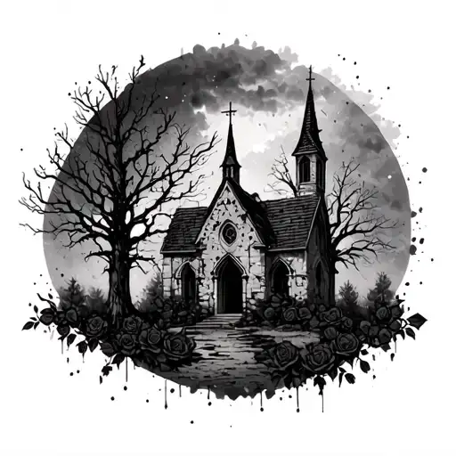 Ruin Church With Dead Trees And Dark Clouds And Black Roses