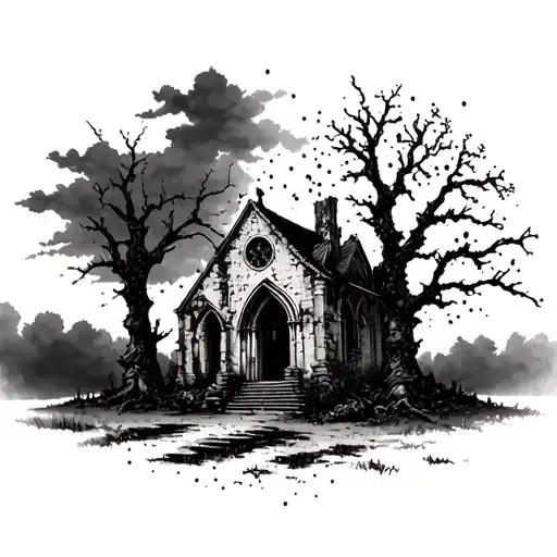 Ruin Church With Dead Trees And Dark Clouds And Black Roses