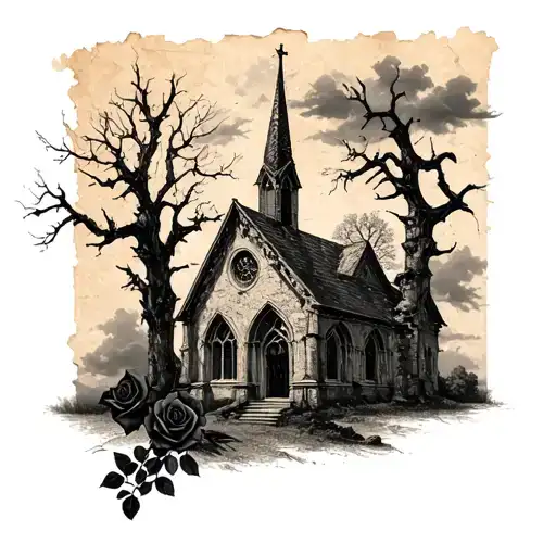 Ruin Church With Dead Trees And Dark Clouds And Black Roses And A Big Parchment In The Back Ground