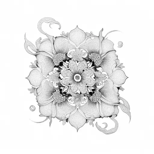 Half Sleeve Black And White Filigree With Four Red Dogwood Flowers