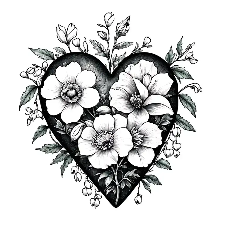Heart Tattoo To Include Carnation Snowdrop Janquil Daffodil Hawthorn And Lily Of The Valley