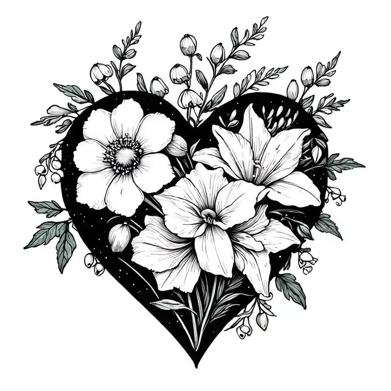 Heart Outline Tattoo To Include Carnation Snowdrop Janquil Daffodil Hawthorn And Lily Of The Valley