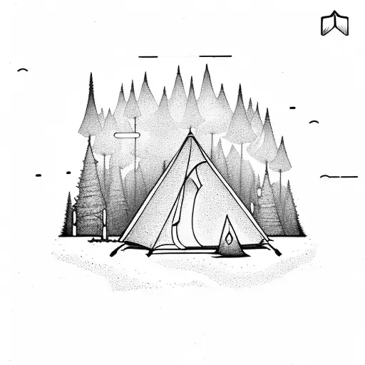 A Serene Camping Scene With A Tent And A Silhouette Of A T-rex In The Background