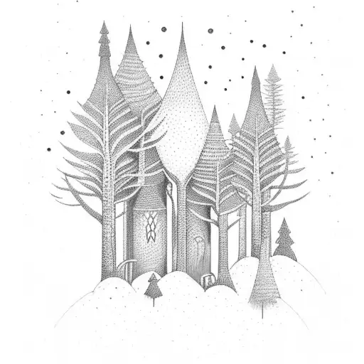 An Intricate Dotwork Design Of A Moonlit Forest With A Tent Nestled Amongst Towering Dinosaurs