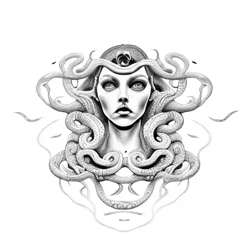 Modern Medusa With Red And Black Snakes
