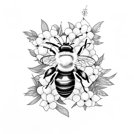 Bee With Loquat Flowers And Leaves