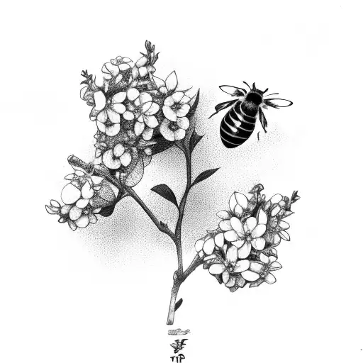 Loquat Flowers And Leaves Bee Flying Around