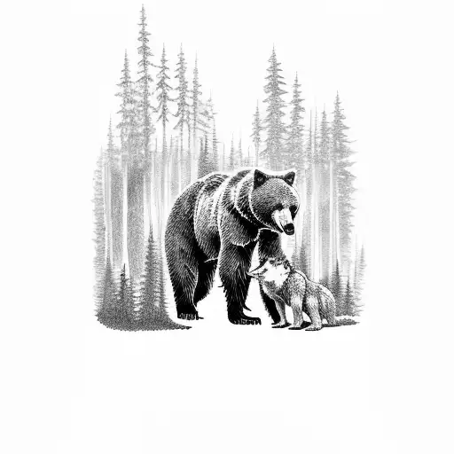 A Dotwork Tattoo Of A Bear And A Wolf Facing Off In A Dense Forest