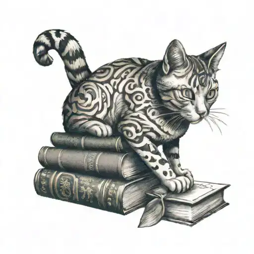 A Cat Sitting On A Stack Of Books With A Backdrop Of Italian And Japanese Landmarks