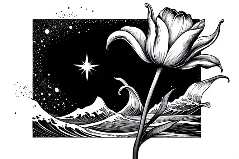 A Star Next To A Wave Next To A Tulip Flower