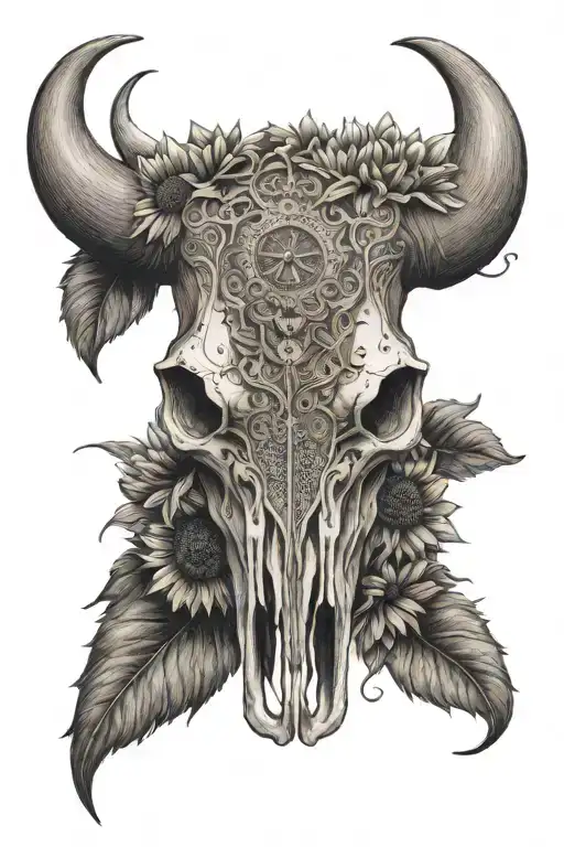 A Detailed Bull Skull Adorned With Leather Tooling Patterns And Sunflowers