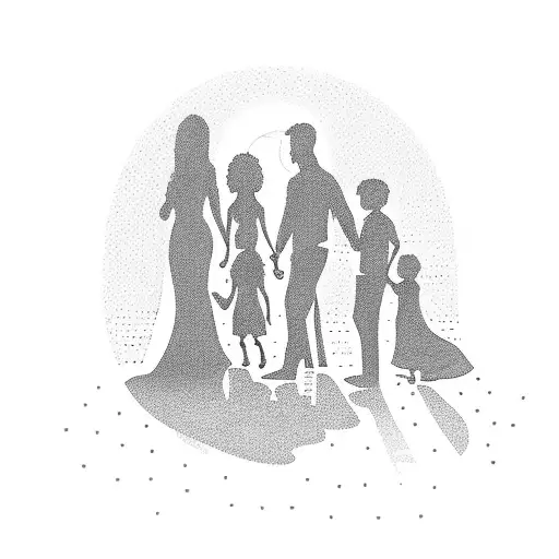A Silhouette Of A Family Walking On The Beach At Sunrise