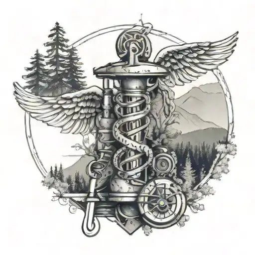 Caduceus Symbol Entwined With Hiking Gear And Virginia Scenery