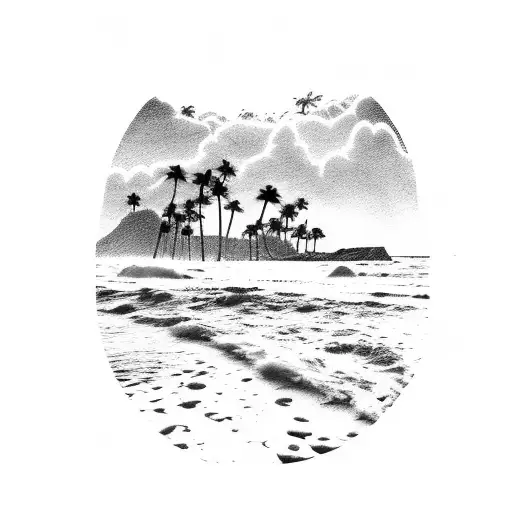 A Serene Beach Scene At Sunset With Palm Trees And Crashing Waves