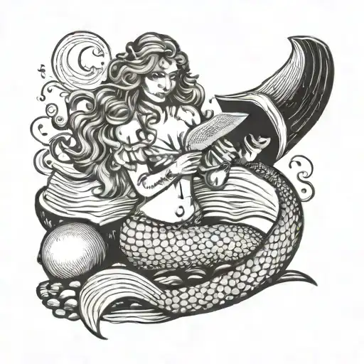 A Mermaid Singing On A Beach With A Book In Hand