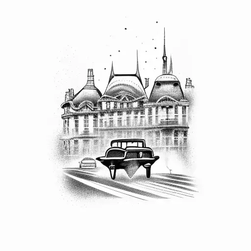A Dotwork Tattoo Of A Vintage Car Speeding Through The Streets Of Paris
