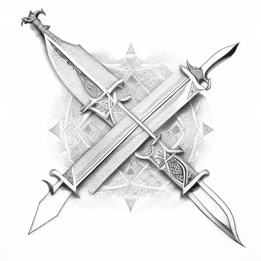 Double Tipped Arabian Swords Across Each Other With Arrow In The Middle