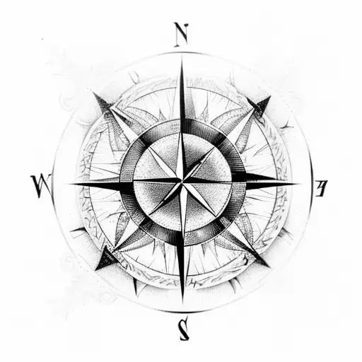 An Intricately Designed Compass With Waves And Trees As The Cardinal Directions